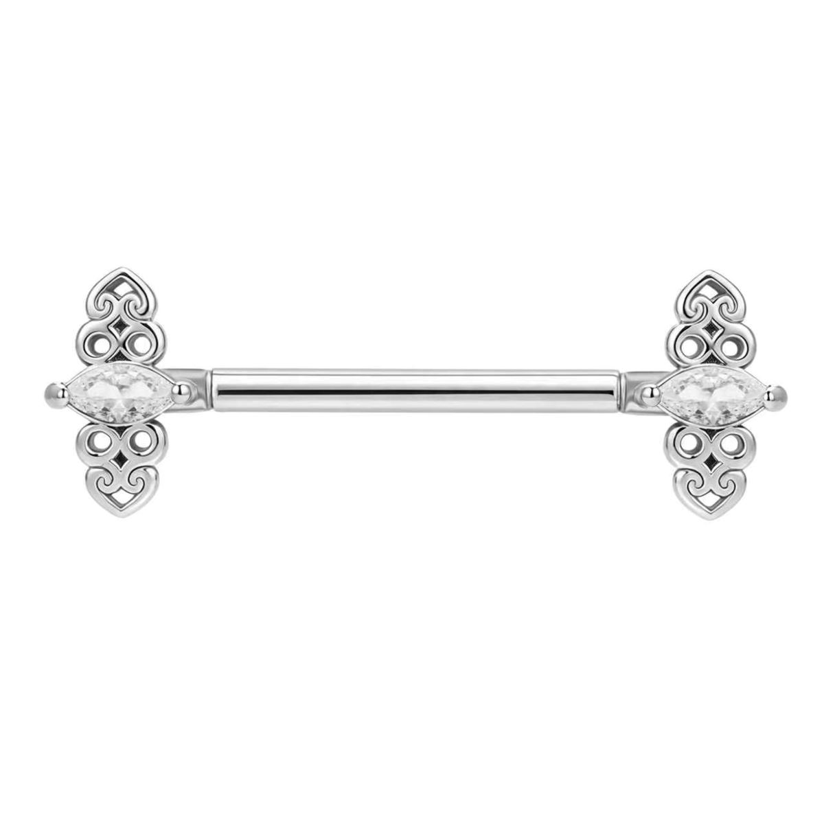 Brustwarzenpiercing aus Chirurgenstahl mit eleganten Ornamenten und weißen Kristallen