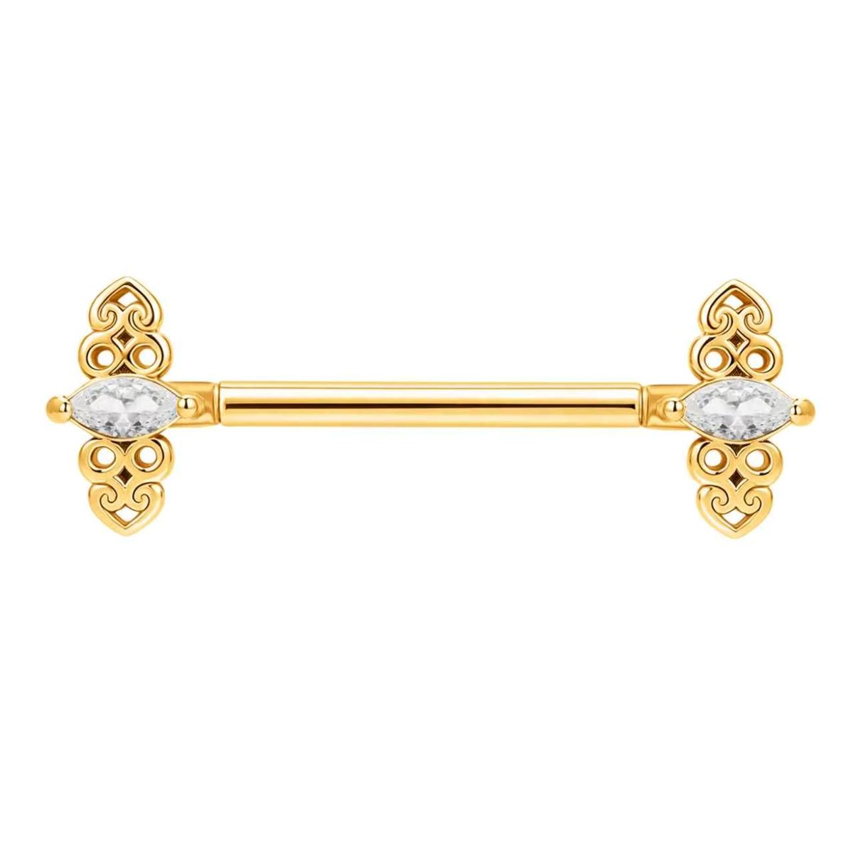 Goldfarbenes Brustwarzenpiercing aus Chirurgenstahl 316L mit elegantem Ornament und weißen Kristallen