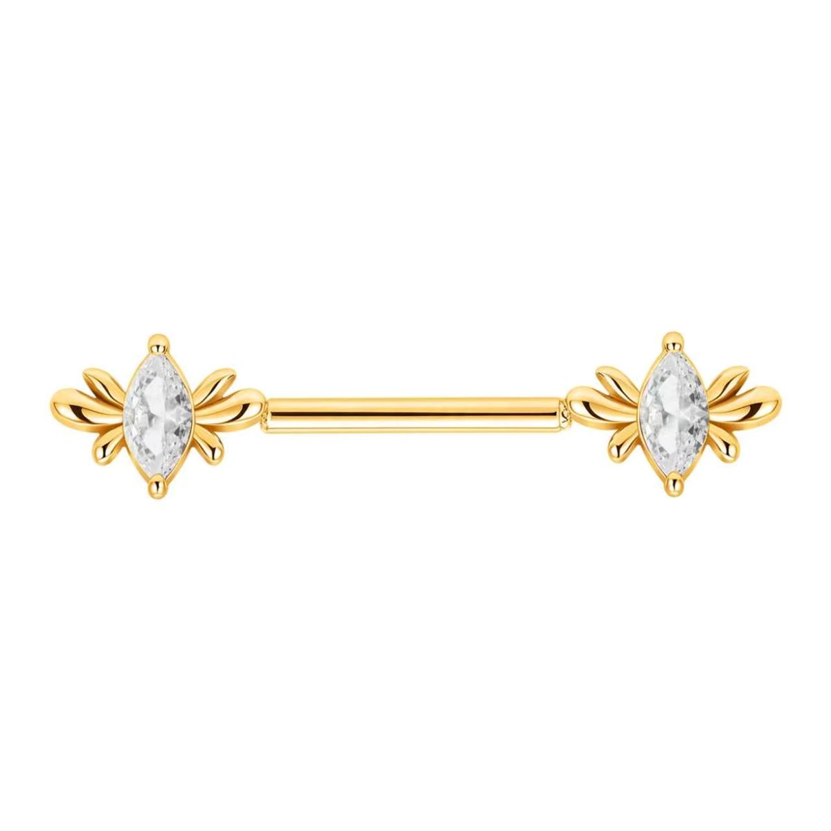 Brustwarzenpiercing aus goldfarbenem Chirurgenstahl mit Schmetterlingsflügeln und weißen Kristallen im Marquiseschliff
