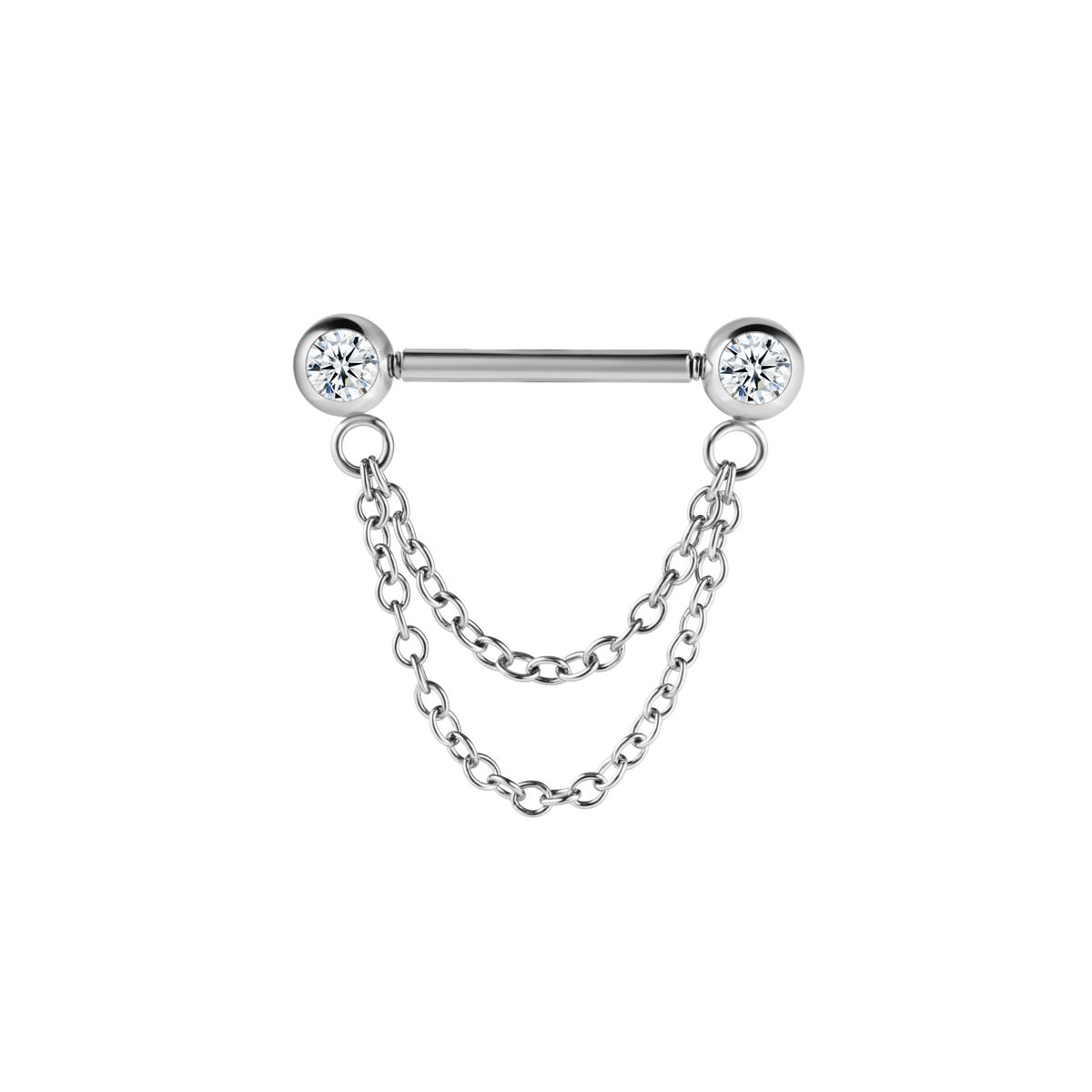 Tepelpiercing in chirurgisch staal met dubbele ketting en push in