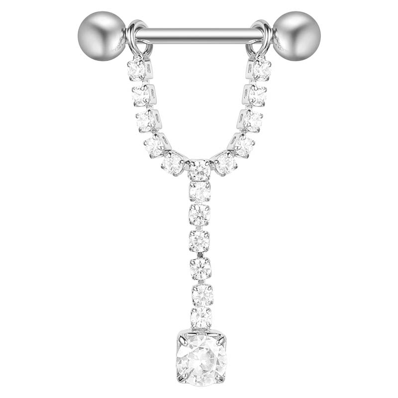 Nipple piercing in surgical steelloop covered with white crystals