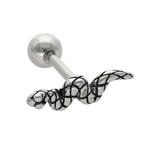 Helix/tragus piercing in surgical steel with a snake
