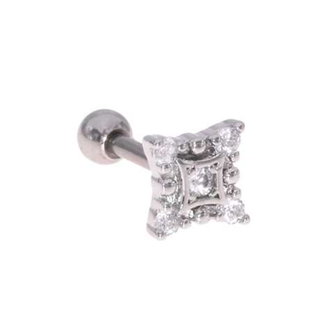 Helix/tragus piercing in surgical steel with a square and covered with white crystals