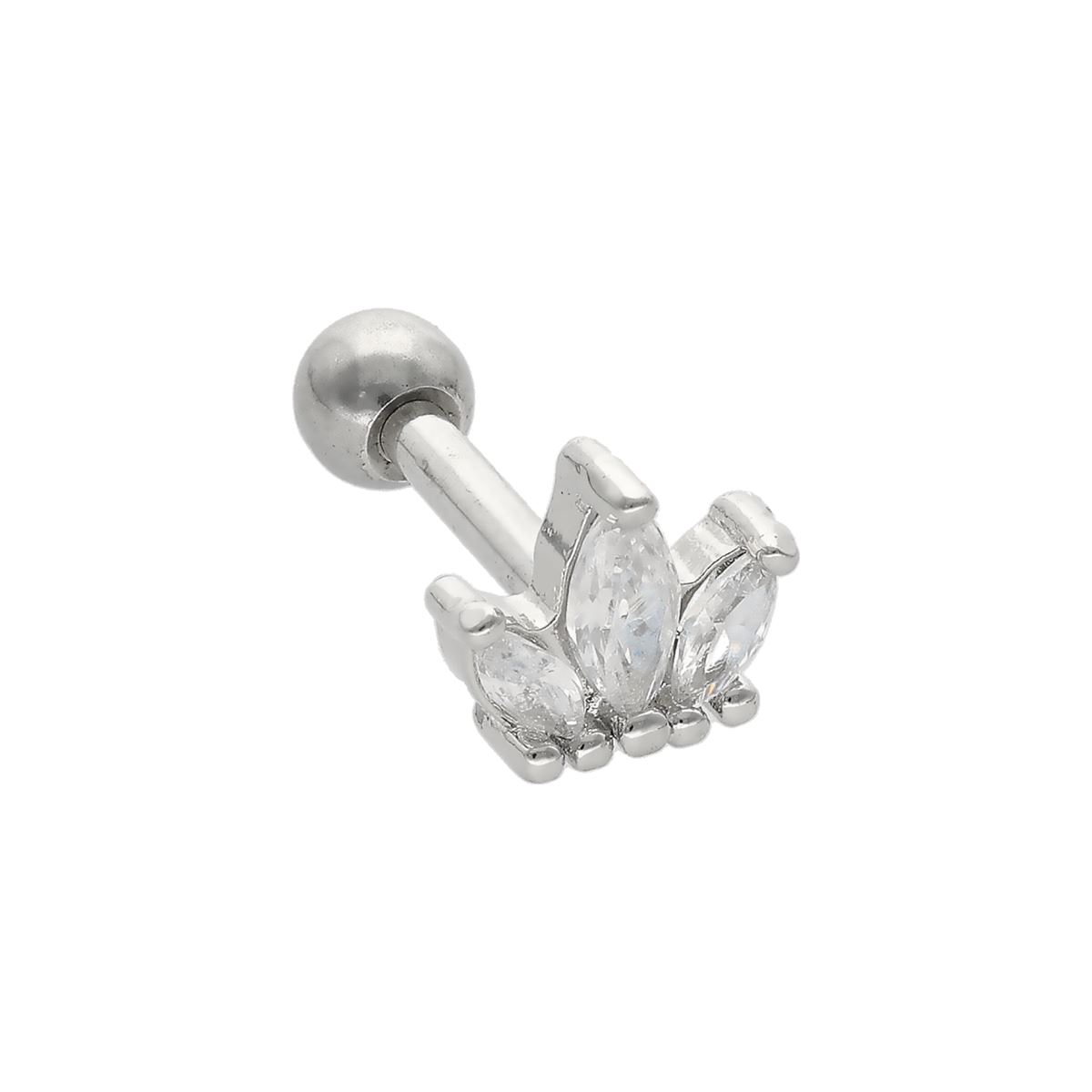 Helix/tragus piercing in chirurgisch staal met een kroon en 3 witte kristallen