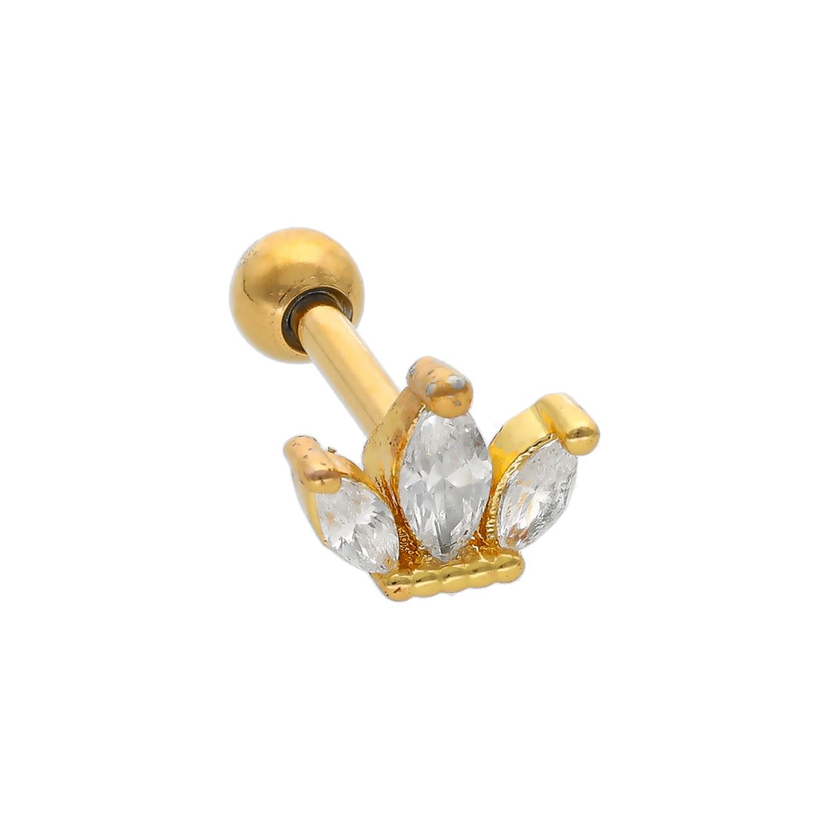 Helix/tragus piercing in goud chirurgisch staal met een kroon en 3 witte kristallen