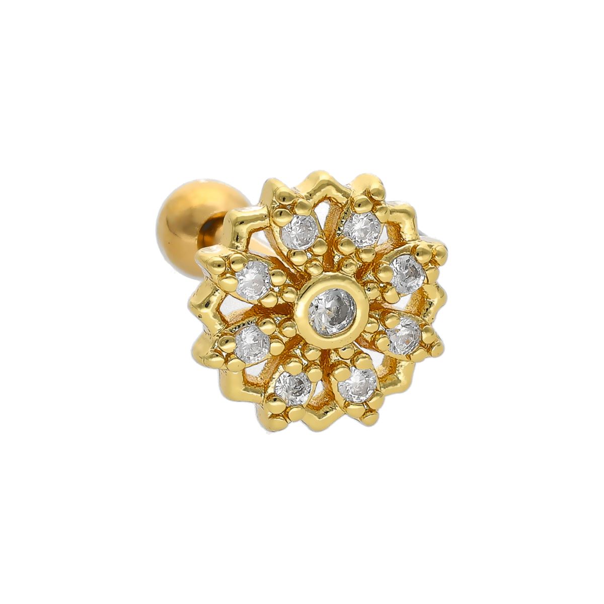 Helix/tragus piercing in goud chirurgisch staal met een rond motief en bedekt met witte kristallen