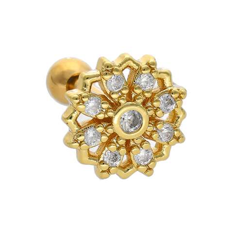 Helix/tragus/cartilage piercing en acier doré chirurgical avec un motif rond recouvert de cristaux blancs