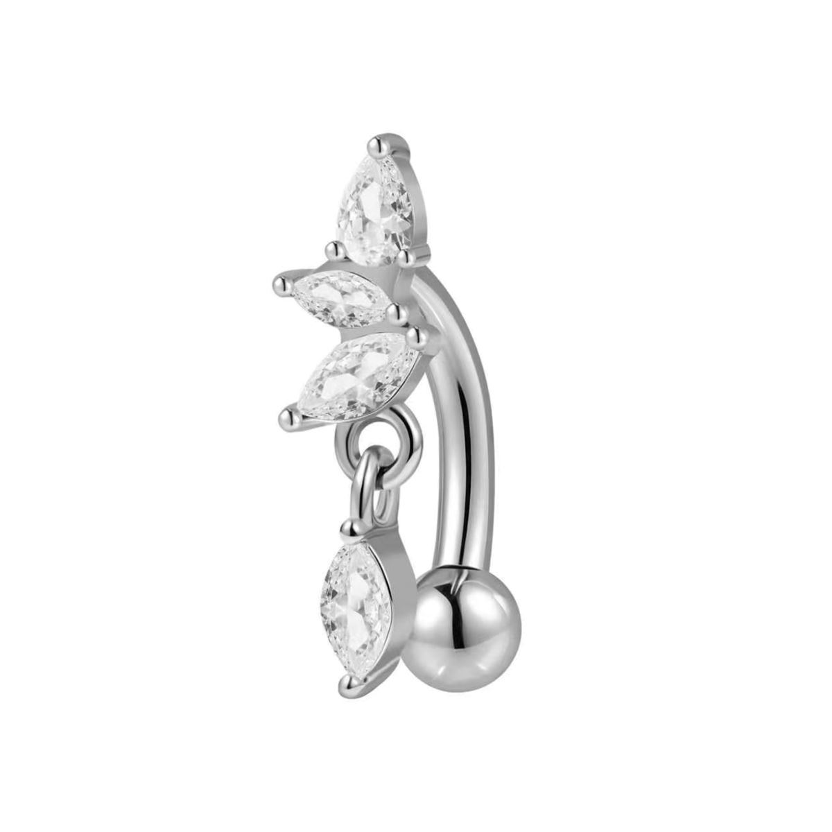 Piercing rook en acier chirurgical avec trois cristaux blancs en forme de feuille et pendentif en cristal blanc