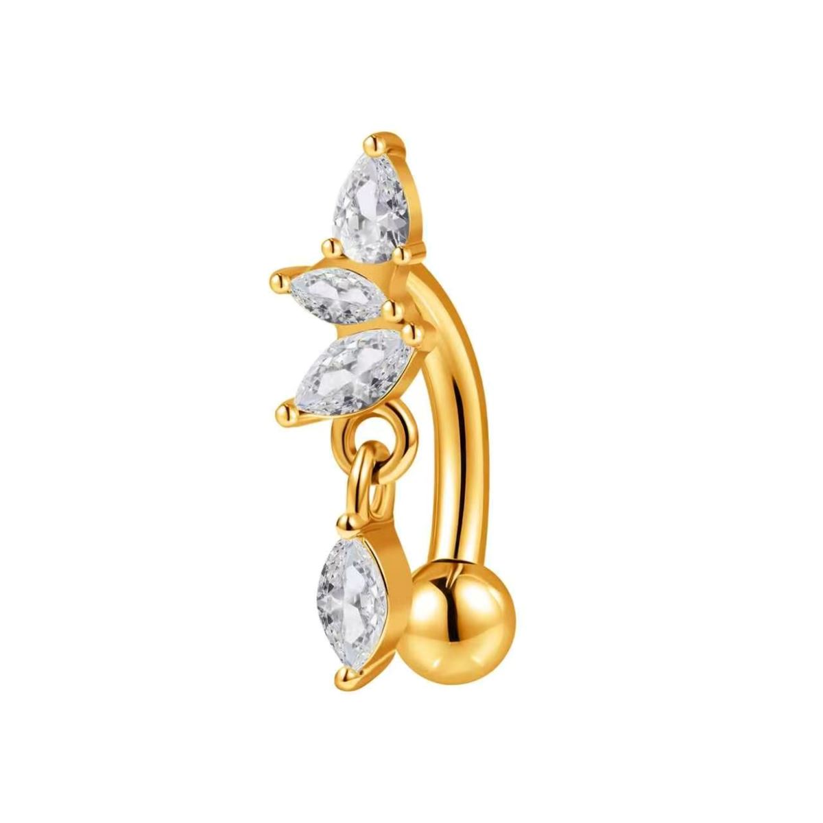 Piercing rook en acier chirurgical doré avec trois cristaux blancs en forme de feuille et pendentif en cristal blanc