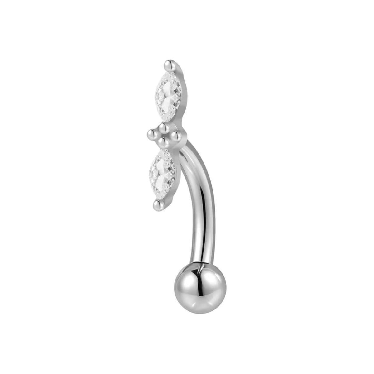 Piercing rook en acier chirurgical avec deux cristaux blancs en forme de feuille et boule argentée