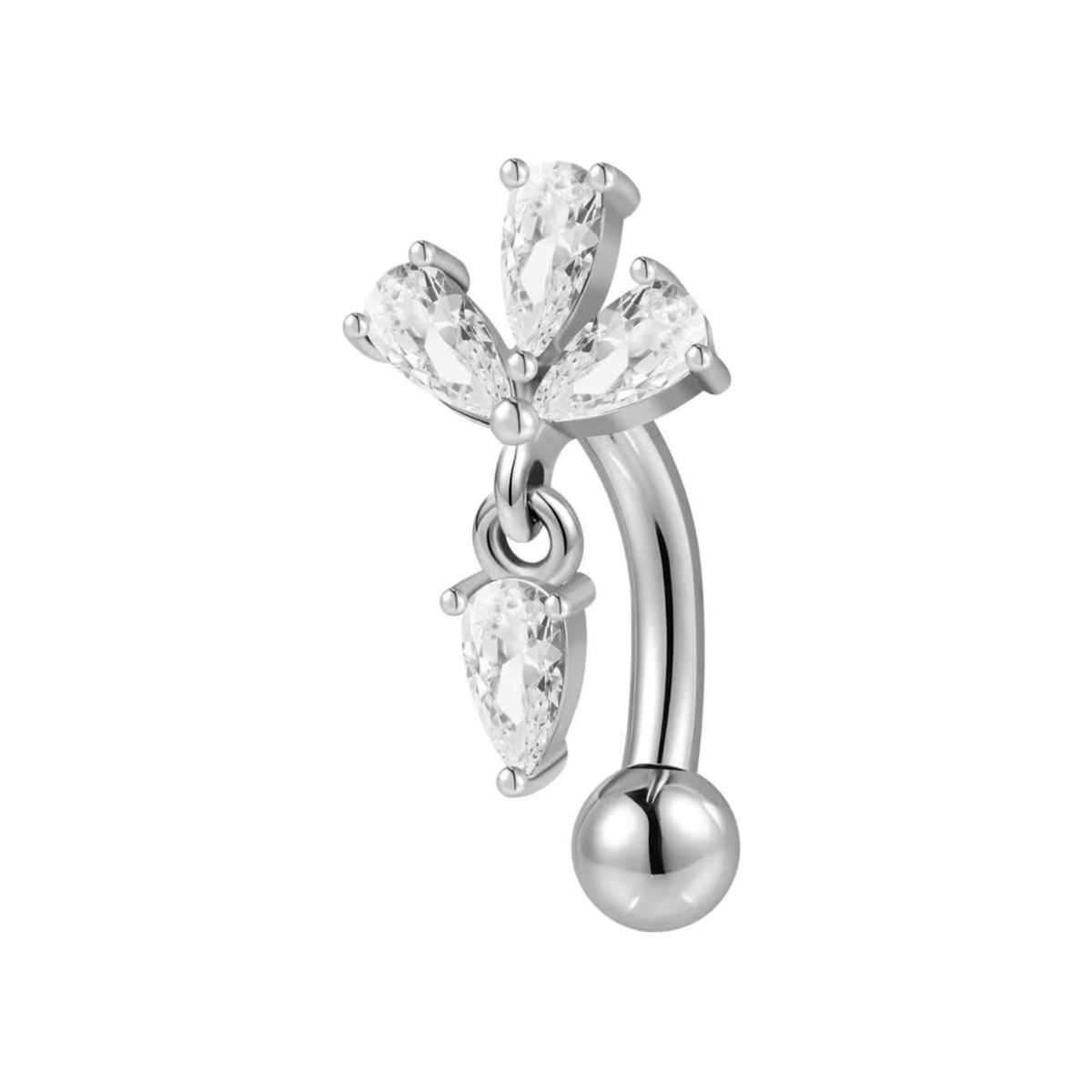 Piercing rook en acier chirurgical avec trois cristaux blancs en éventail et pendentif en cristal blanc en forme de goutte