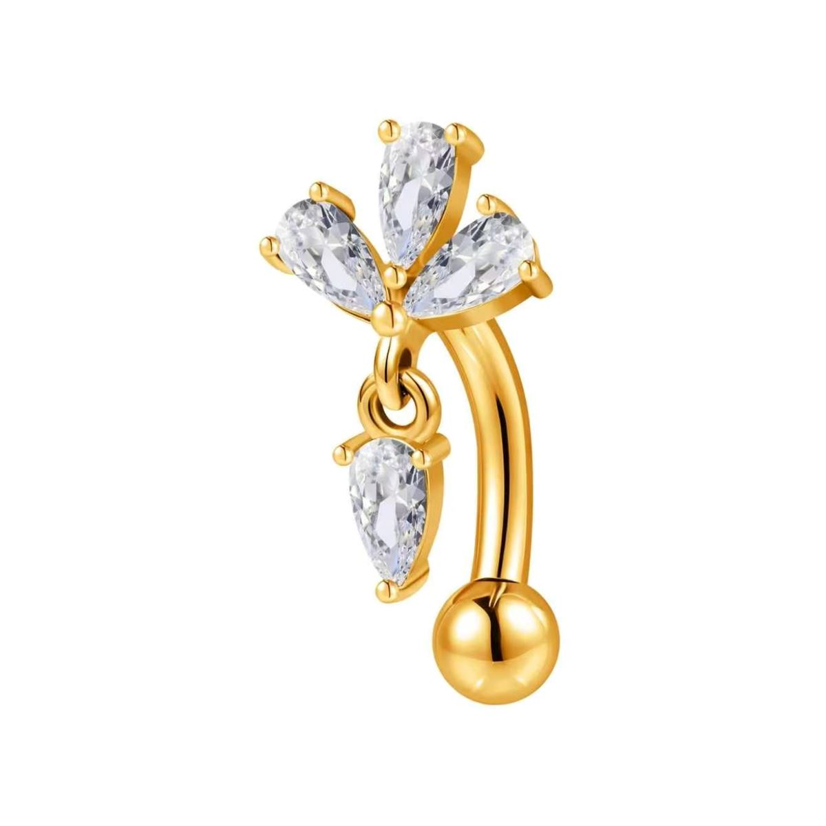 Piercing rook en acier chirurgical doré avec trois cristaux blancs en éventail et pendentif en cristal blanc en forme de goutte