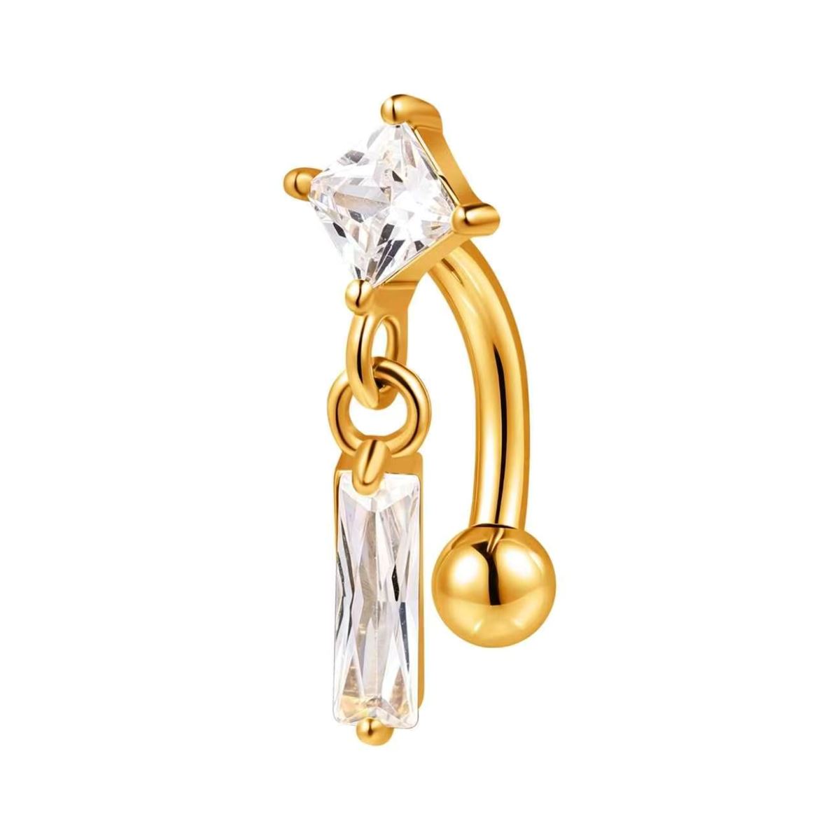 Piercing rook en acier chirurgical doré avec cristal blanc carré et pendentif rectangulaire en cristal blanc
