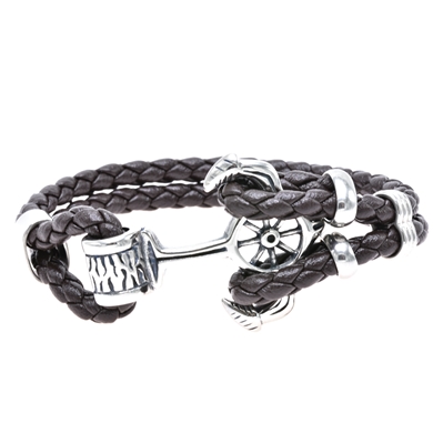 Bracelet en cuir brun foncé tressé double avec une ancre