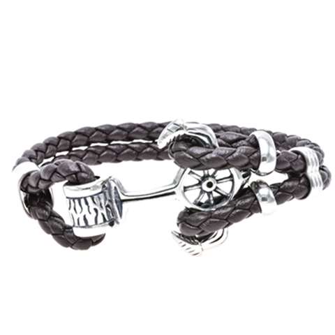 Doppelt geflochtenes dunkelbraunes Lederarmband mit Anker