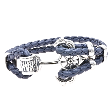 Bracelet en cuir bleu foncé tressé double avec une ancre