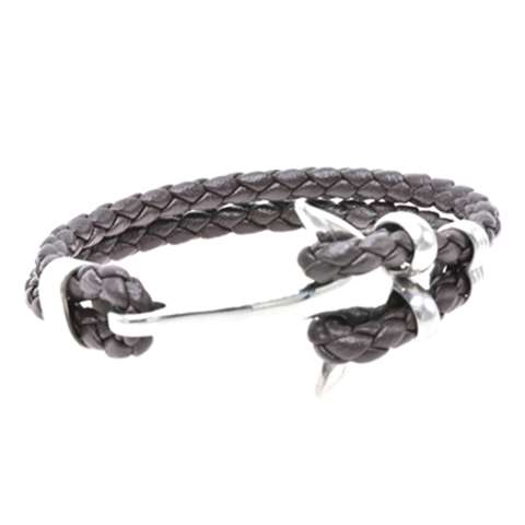 Bracelet en cuir noir tressé double avec une ancre