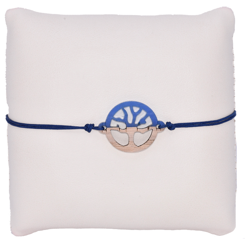 Blauwe koordarmband met een levensboom in hout