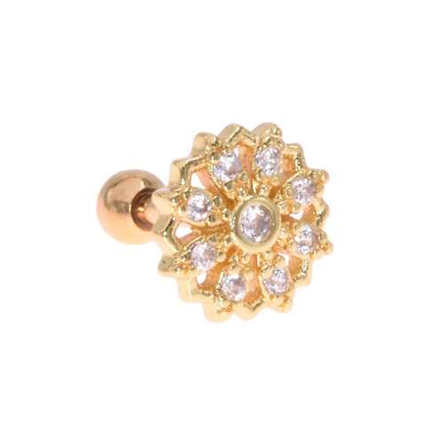 Helix/tragus piercing in gold surgical steel with a round motif covered with white crystals
