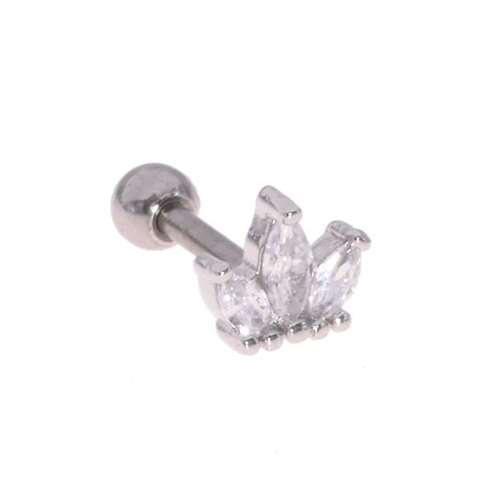 Helix/tragus piercing in surgical steel with a crown and 3 white crystals