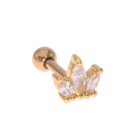 Helix/tragus piercing in gold surgical steel with a crown and 3 white crystals